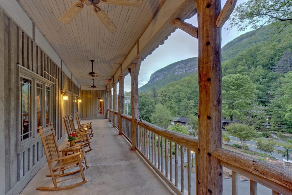 View of Chimney Rock State Park from the second floor patio at The Esmeralda Inn.