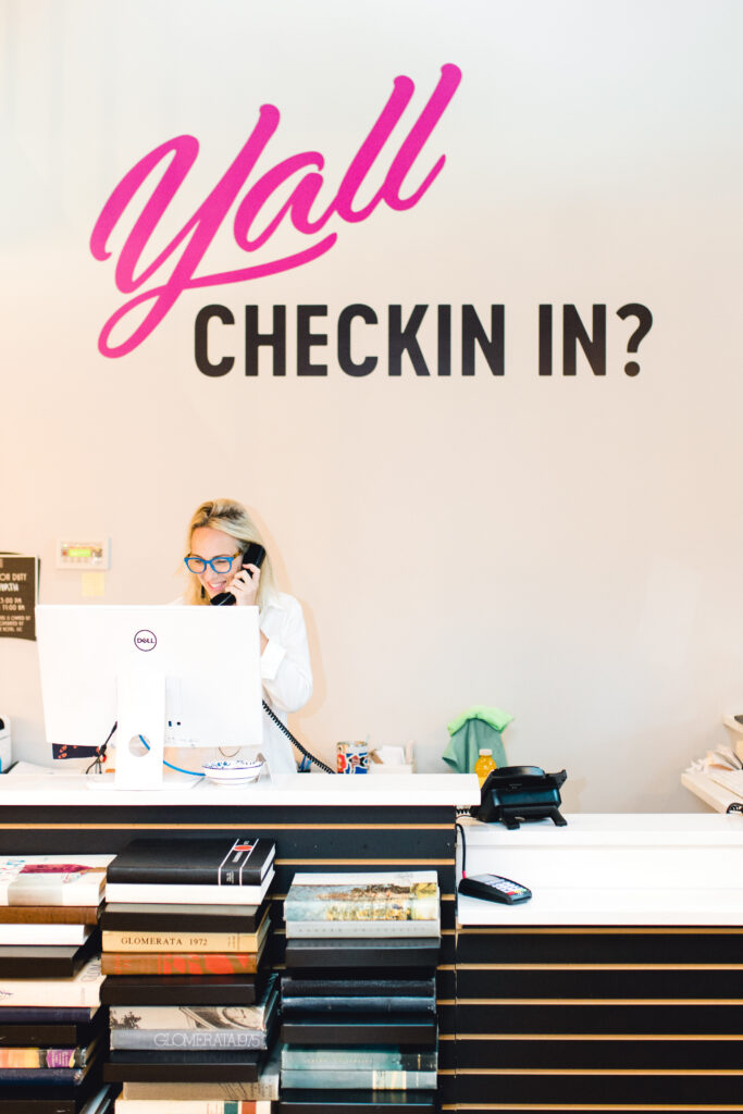 Kim Wirth welcoming guests at The Collegiate Hotel boutique hotel Auburn Alabama