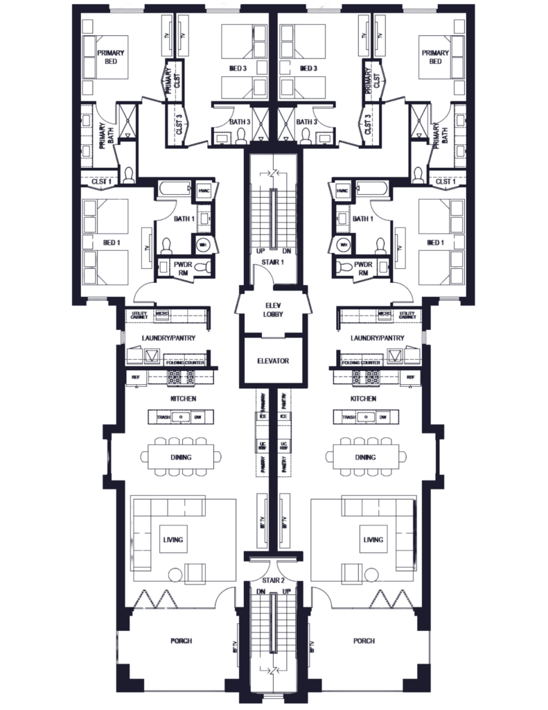 Typical floor plan — three bedroom residence at The Residence at The Collegiate Hotel Auburn Alabama