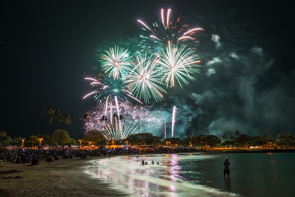 Fireworks on the beach at nighttime
