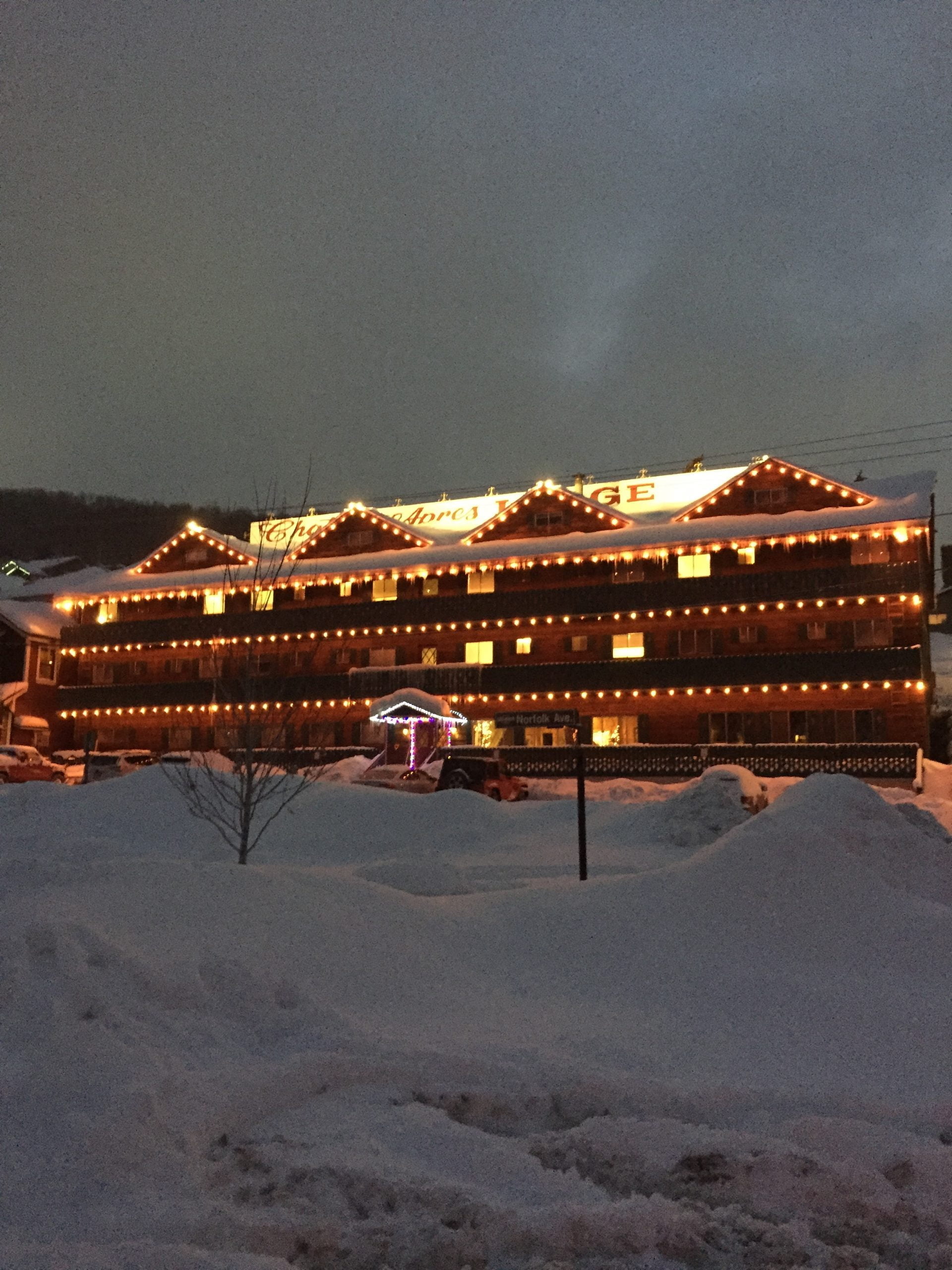 Lodge lit up for holidays