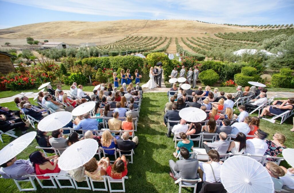 a crowd of people at a wedding on the purple orchid property with white parasols