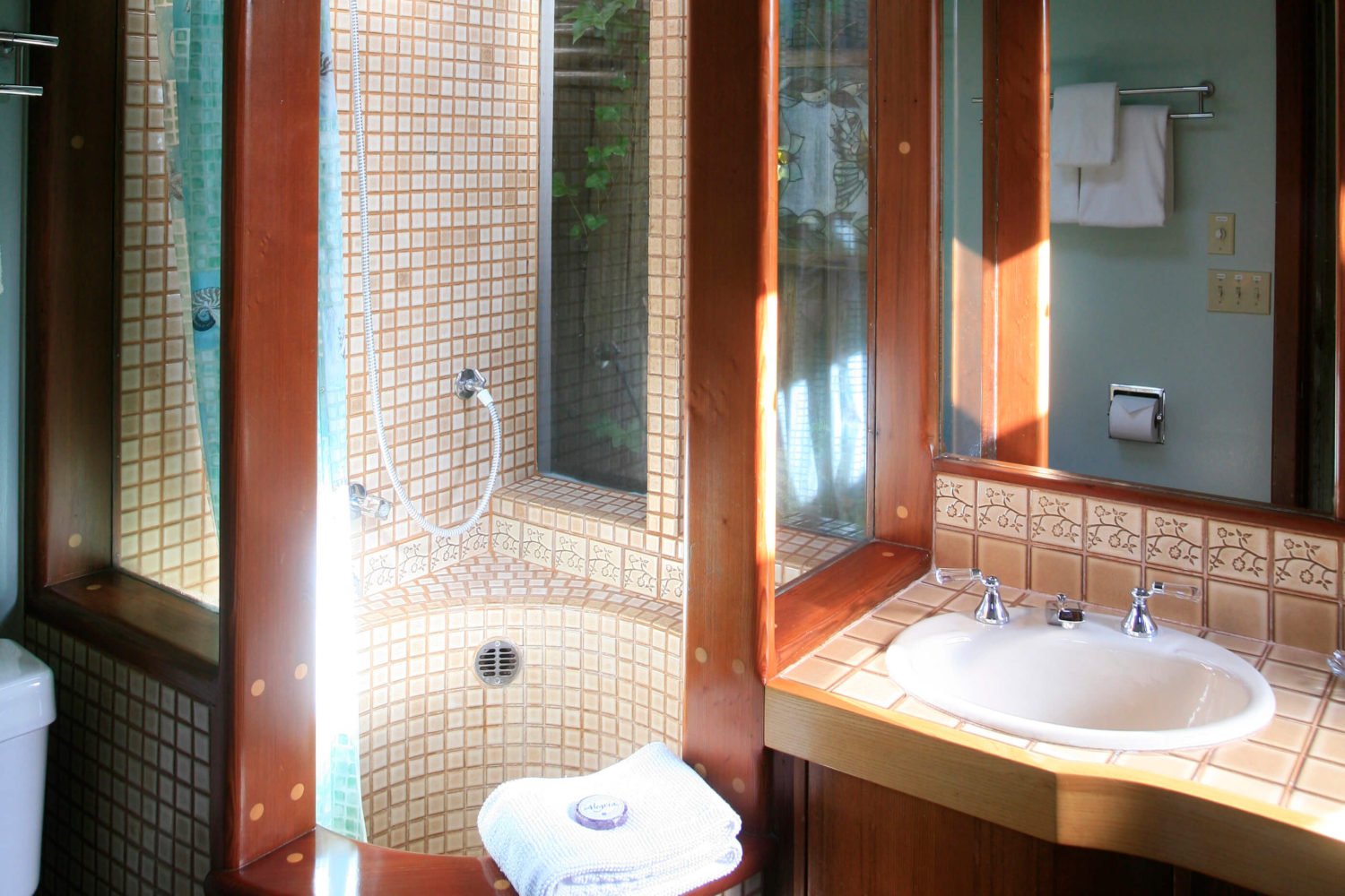Driftwood room bathroom - corner shower, entirely tiled in brown