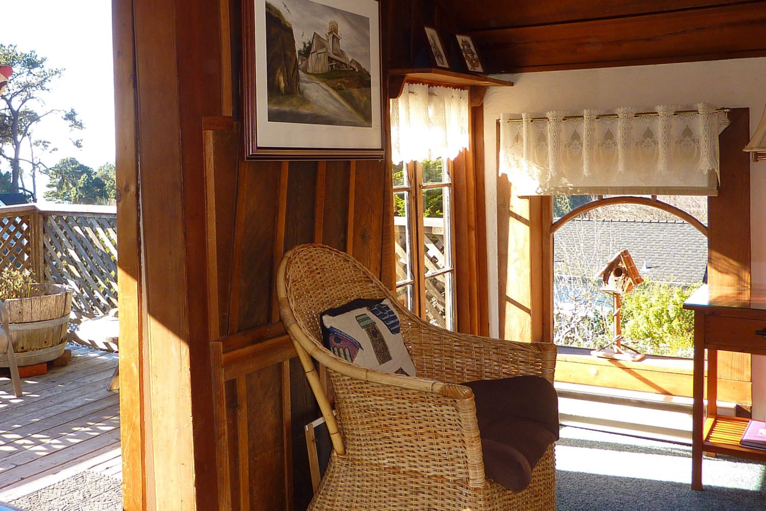 Tree House Room - wicker chair, doors and windows