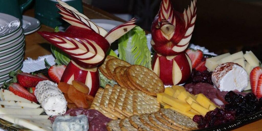 Up close shot of a custom appetizer platter with decorative garnishes