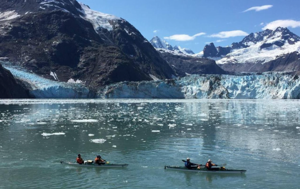 Two double-person kayaks float in Glacier Bay in front of a large glacier and snow capped mountains