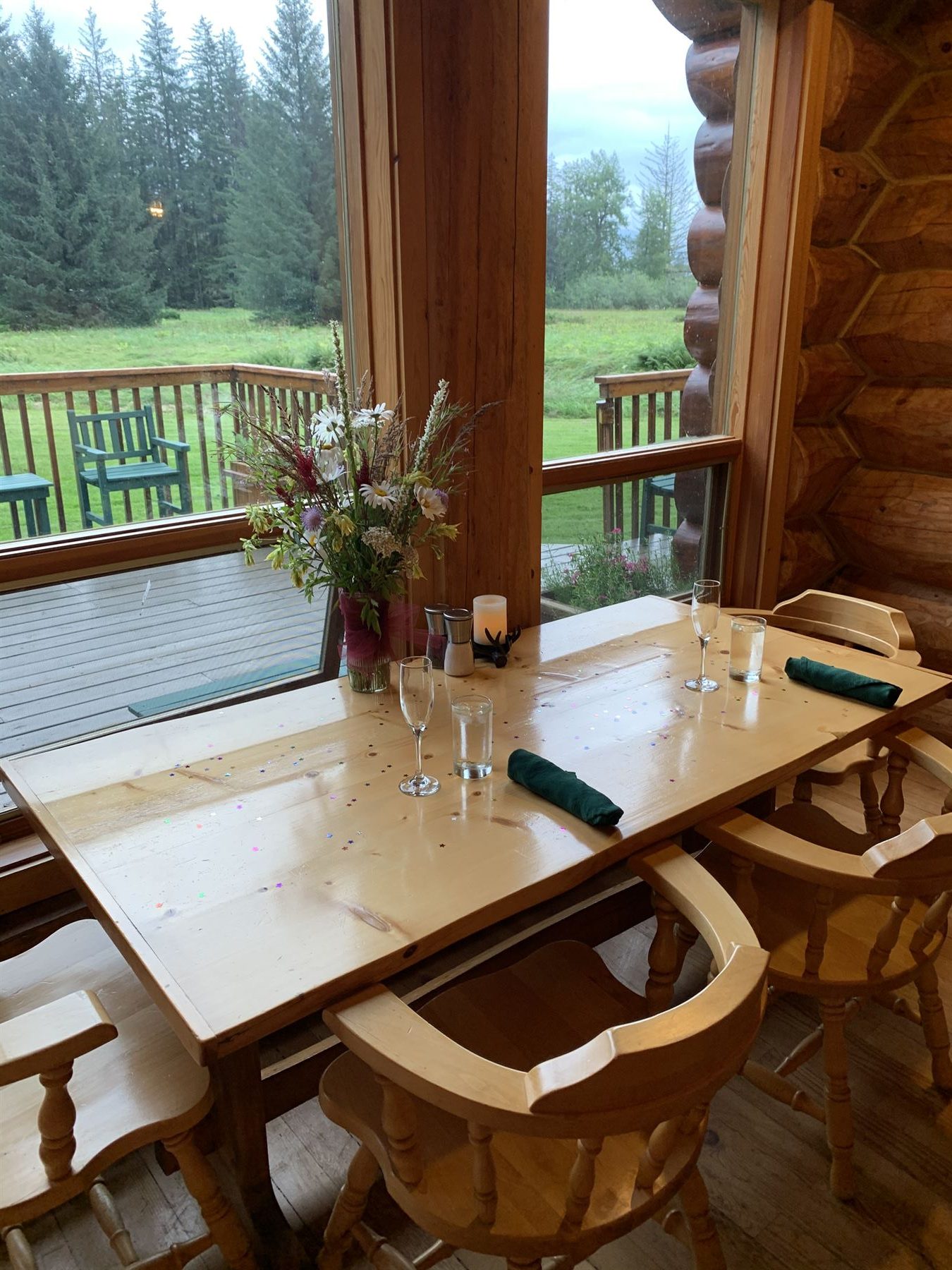 Dining table with view to deck at the Bear Track Inn