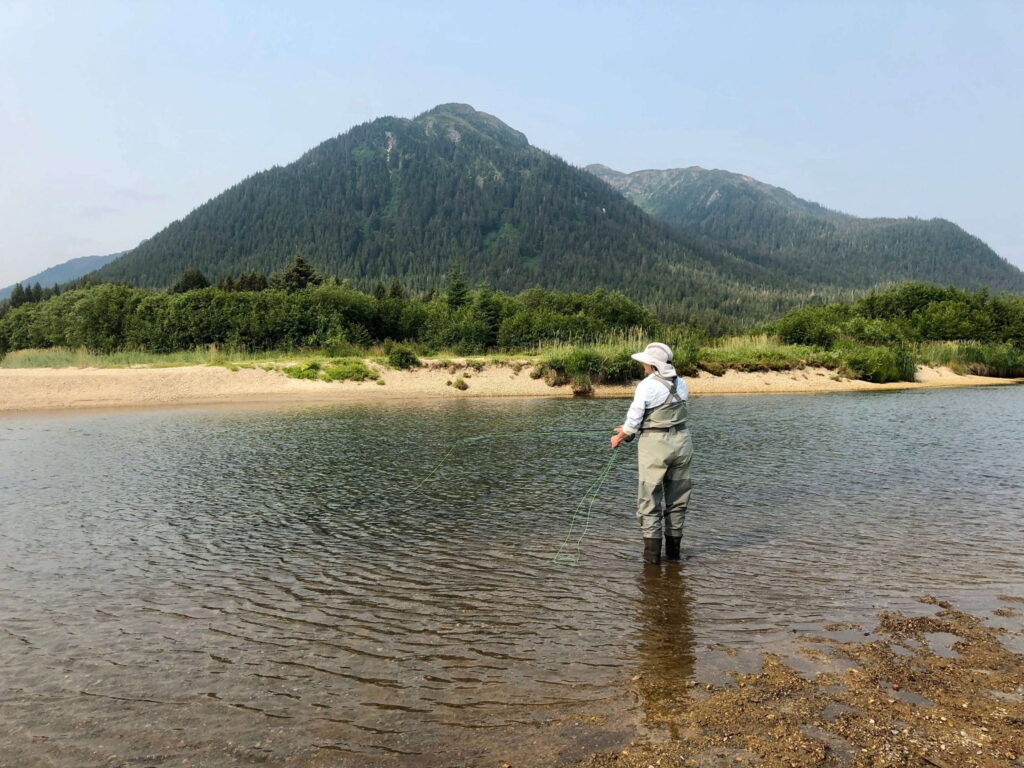Person standing in a stream with their back toward the camera casting a net into the water with a large mountain in the background
