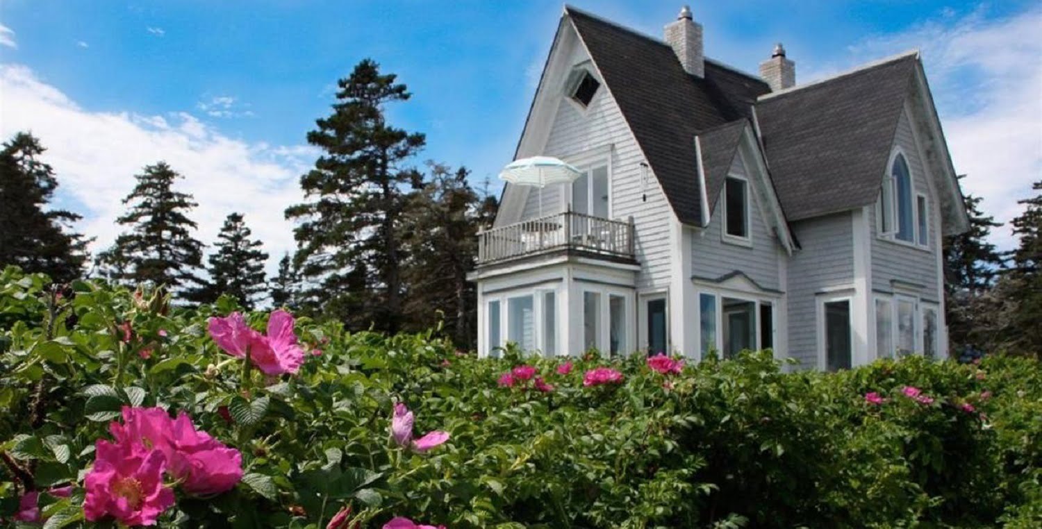 Great Duck Island House with pink flowers