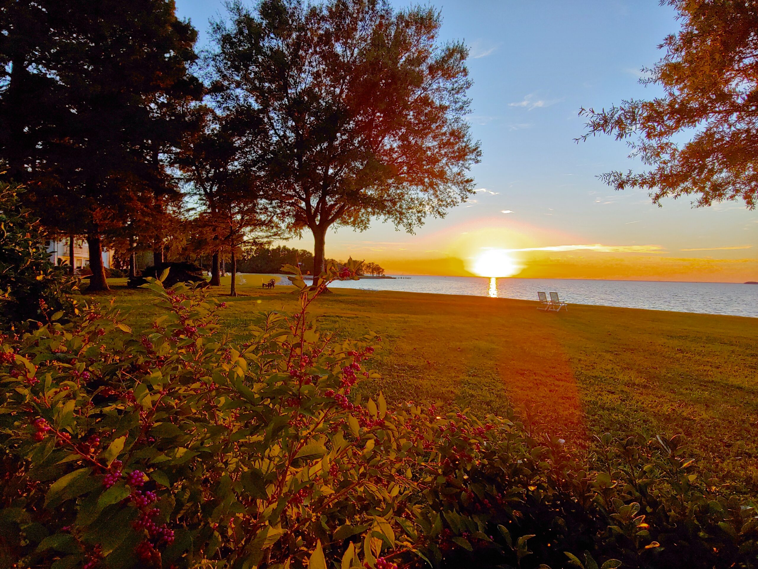 View at Sunset of Wade's Point Lawn and Bay