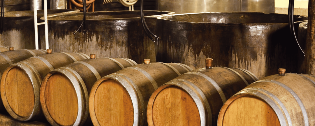 Barrels of liquor in a distillery