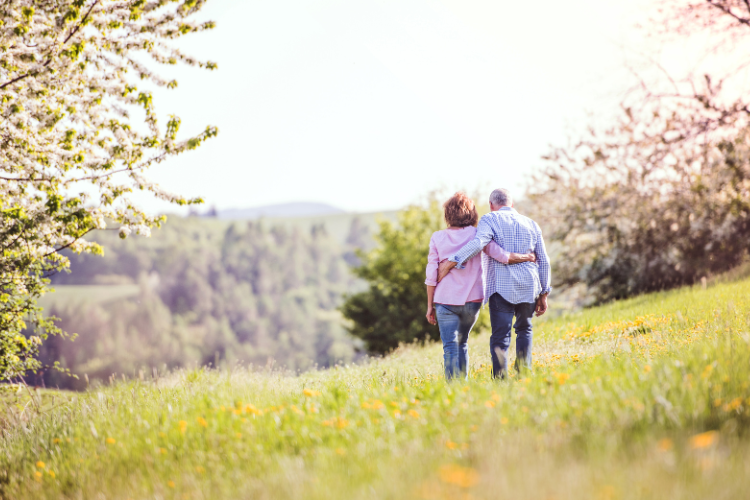 couple walking in spring field