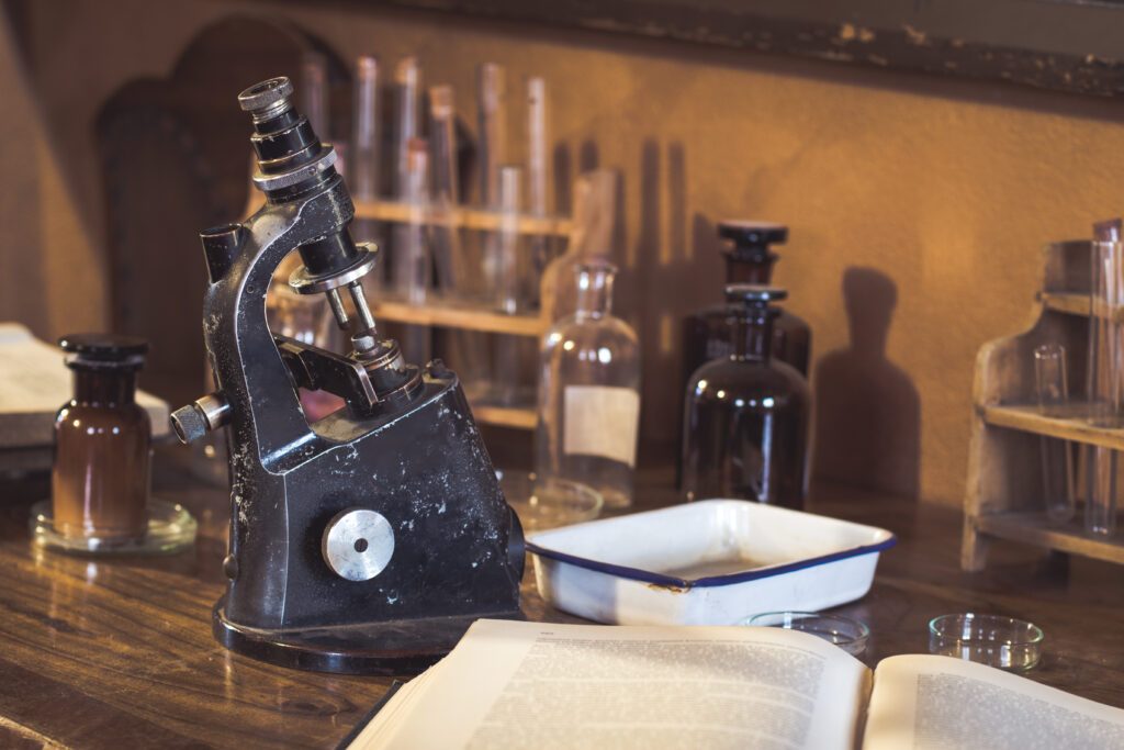 Antiques on a desk.