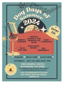 Poster for Dog Days of Summer at Lake Leatherwood Park. Teal background with 2024 and "Dog Days of Summer" at the top. An old-fashioned microphone is pictured and the sponsor: Good Shepherd Humane Society is featured. Information about the event is on the poster.