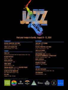 Black background, flyer explaining the details of who will be playing and where on Jazz Weekend. There is a colorful heading that says "Jazz" with a blue saxophone image.