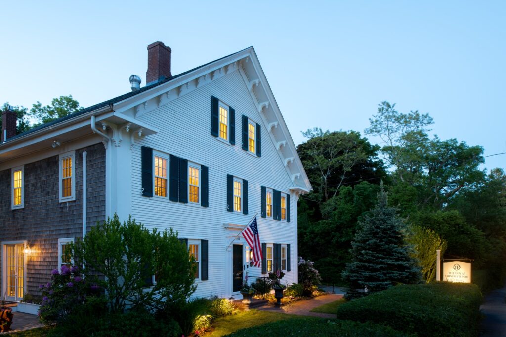 The front of The Inn at Yarmouth Port at twilight