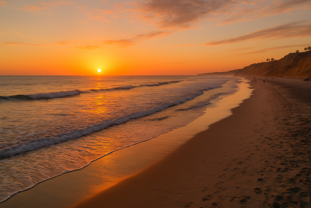 Encinitas fall getaway at Moonlight Beach sunset with wellness vibes