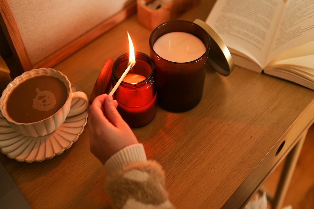 relaxing evening candle and coffee
