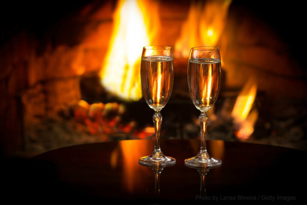 champagne and fireplace