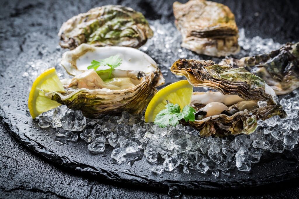 Tasty oysters on ice with lemon