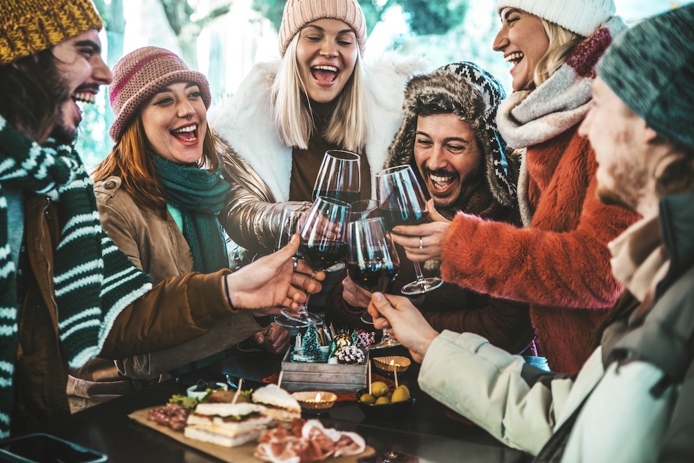 friends at winery in winter