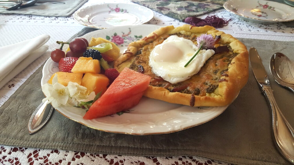 Breakfast Pizza - plated on table