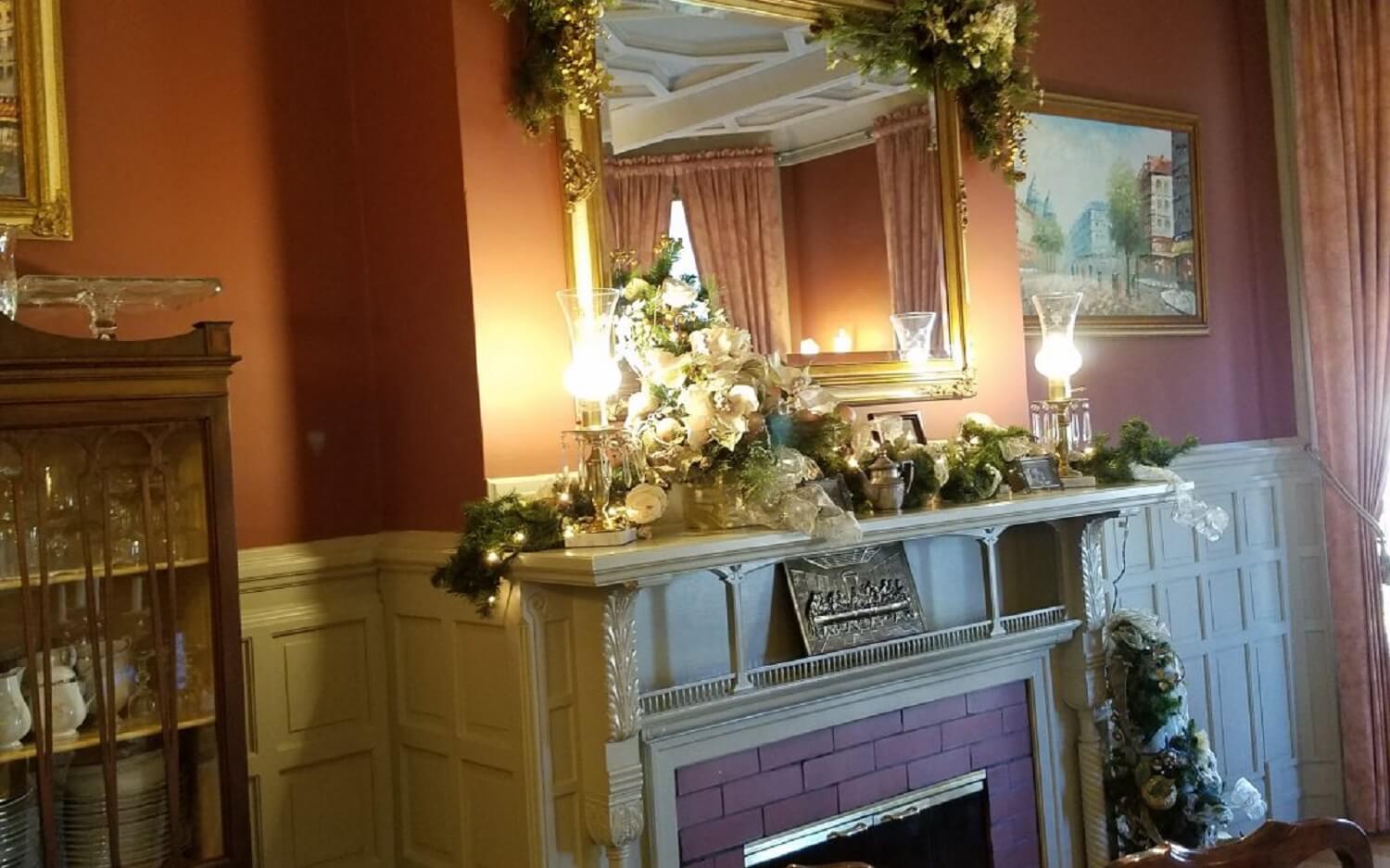 Christmas decorated mantel at the Olvier Inn