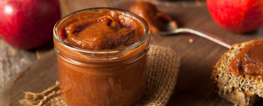 Close up of apple butter in glass jar