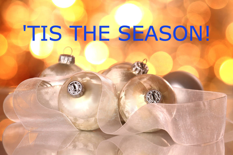 Tis the season graphic with Christmas ornaments in background