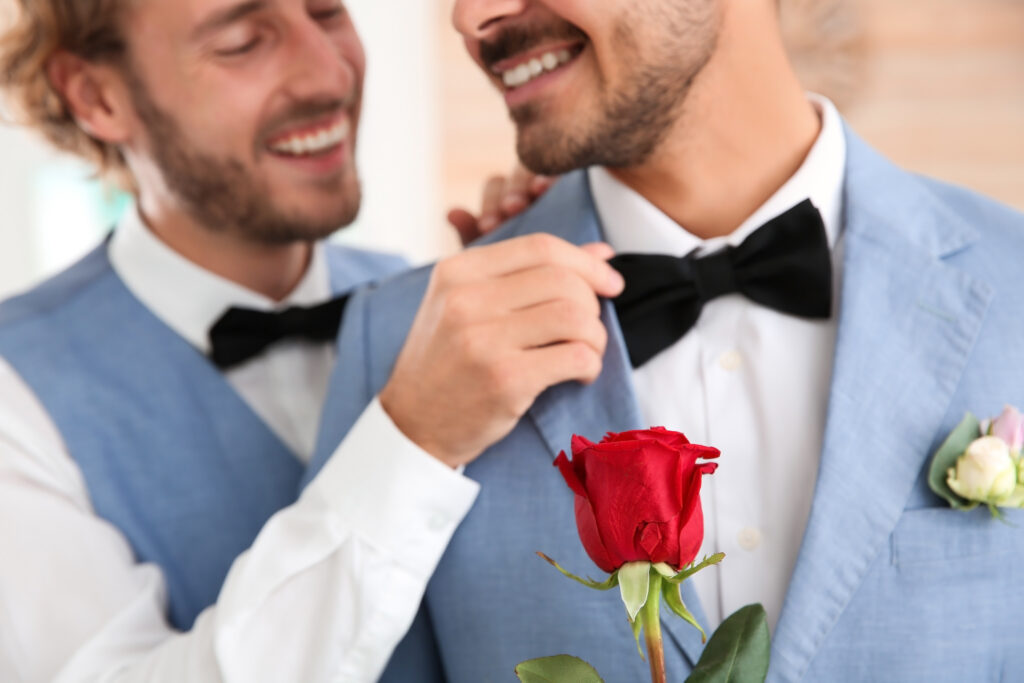 same-sex wedding couple with bowties
