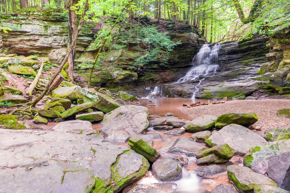 Honey Run Falls in summer time. Honey Run Waterfall Park. Howard. Ohio. USA