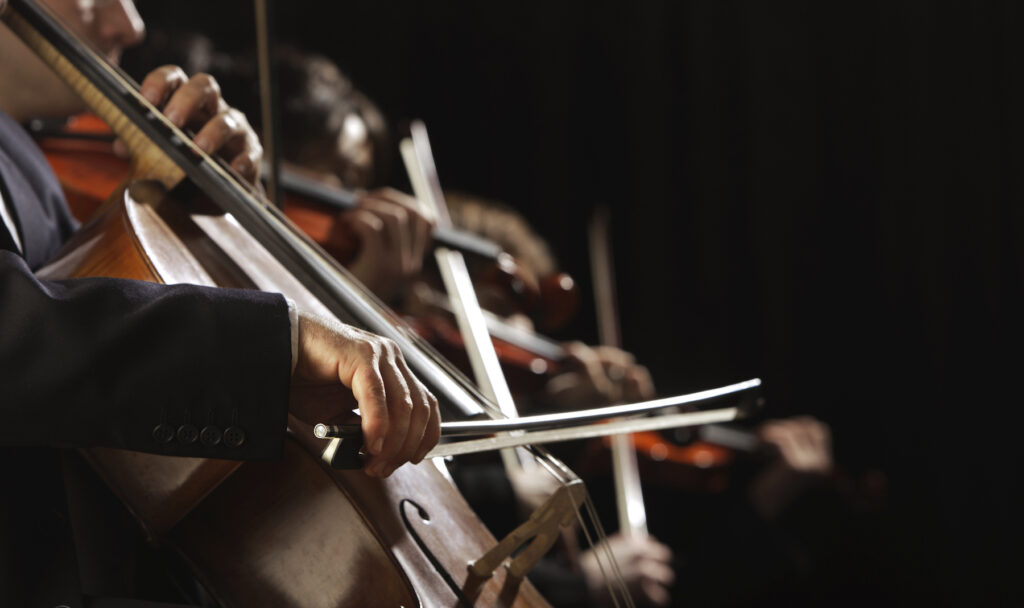 Hand playing a string instrument at symphony