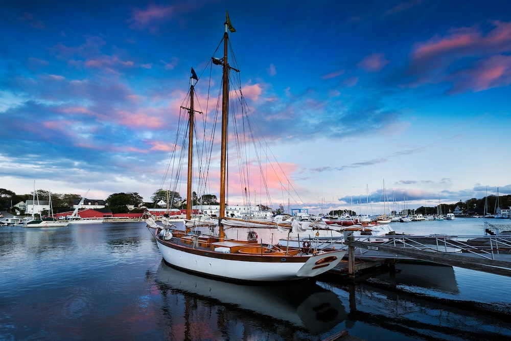 Camden harbor at dusk
