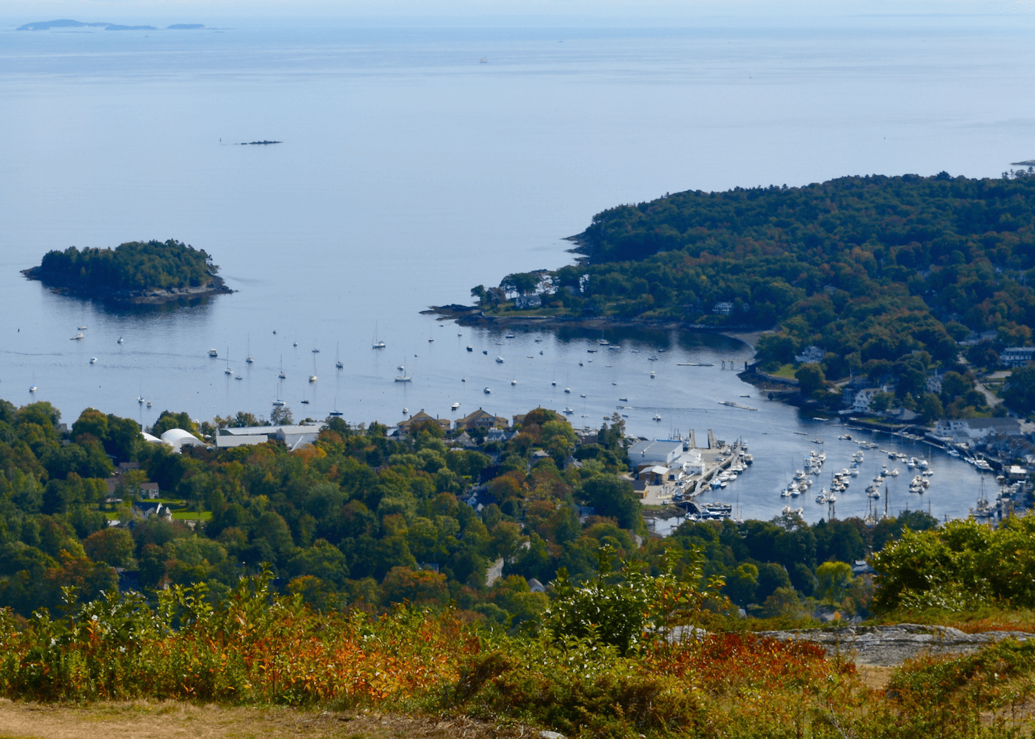 Aerial view of Camden Harbor in the fall.