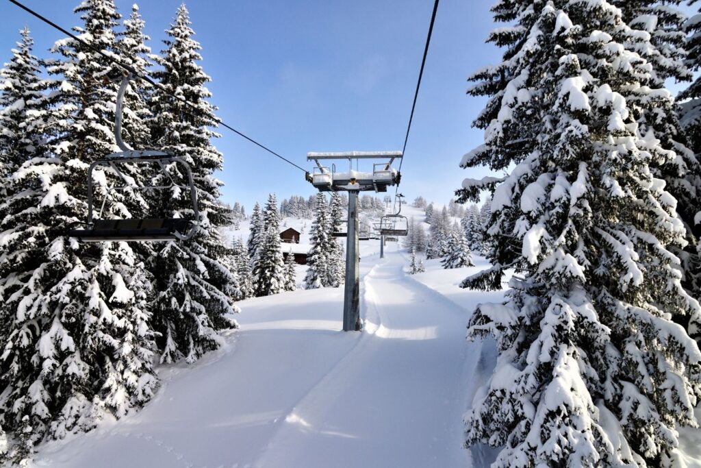 ski lift surrounded by trees with snow