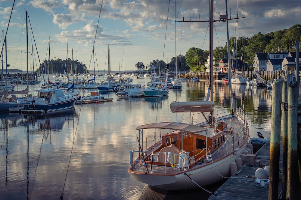Boats at anchor in Camden Harbor sunrise