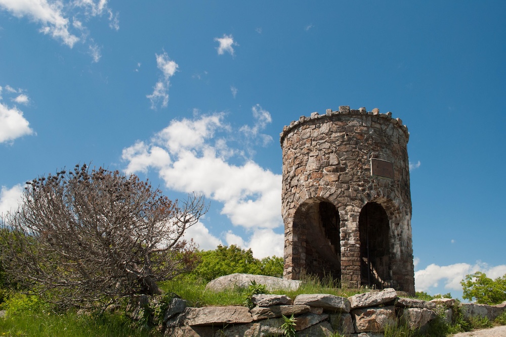 A tower, at the top of Mount Battie Camden Maine