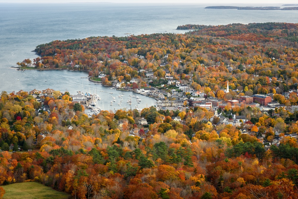 View of Camden, Maine, during the autumn colour season