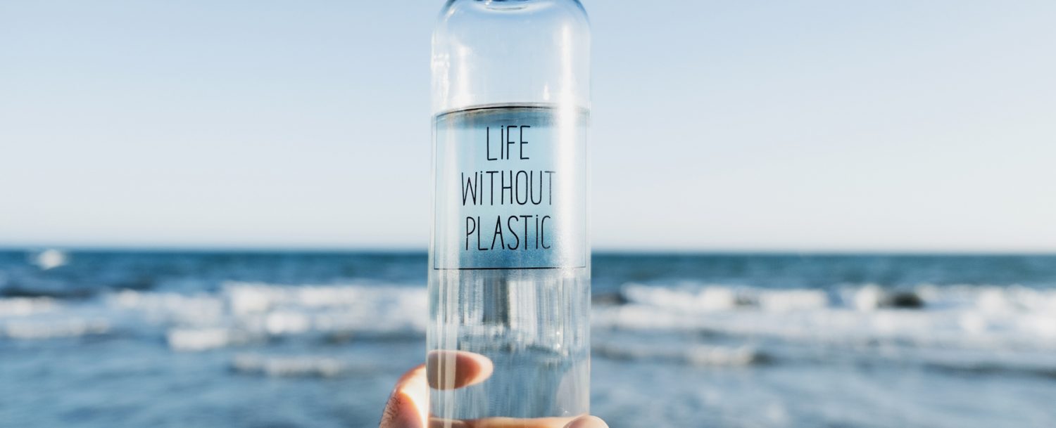 Life without plastic water bottle with ocean in background