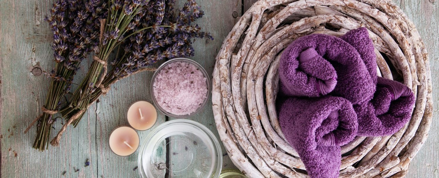 Lavender, towels, candles, bath salt and oil, lavender spa
