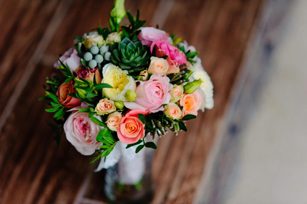 bridal bouquet on wood table