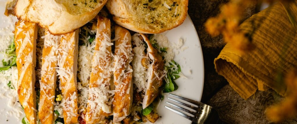 Chicken salad and bread on a plate