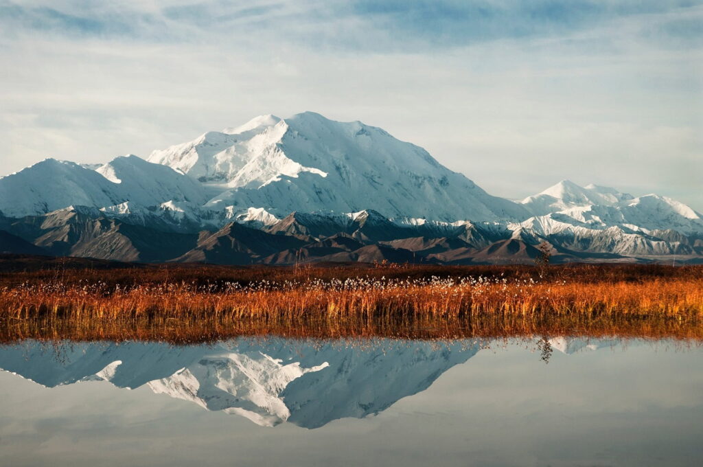landscape and reflection of denal at denali national park alaska