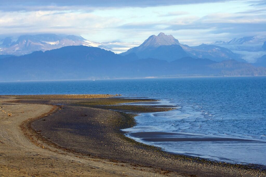 View of beach, ocean, and mountains at Bishop's Beach in Homer, Alaska.