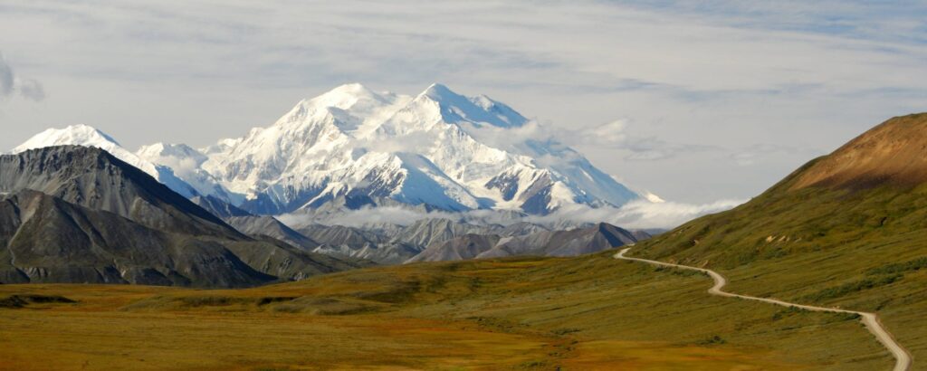 Mount Mckinley capped in snow with a field of green in the foreground
