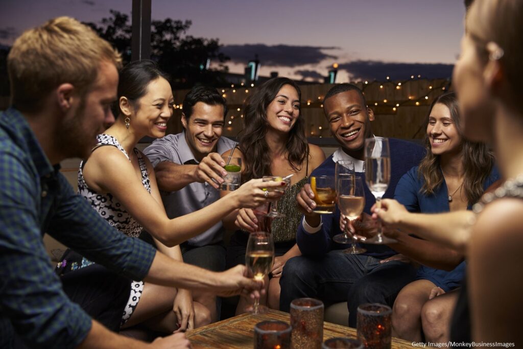 Group Of Friends Enjoying Night Out At Rooftop Bar, Nightlife in Bethlehem PA