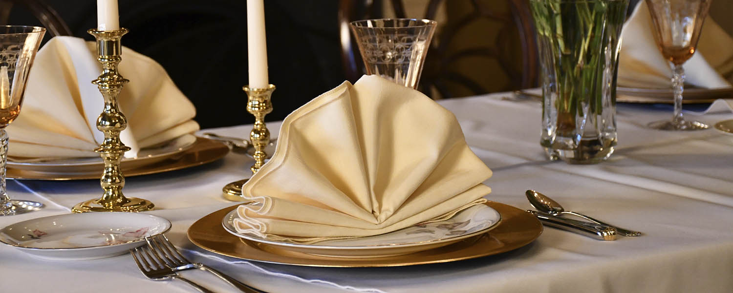 An off-white napkin in a fan fold sits on china in the Founder's Room at Sayre mansion.