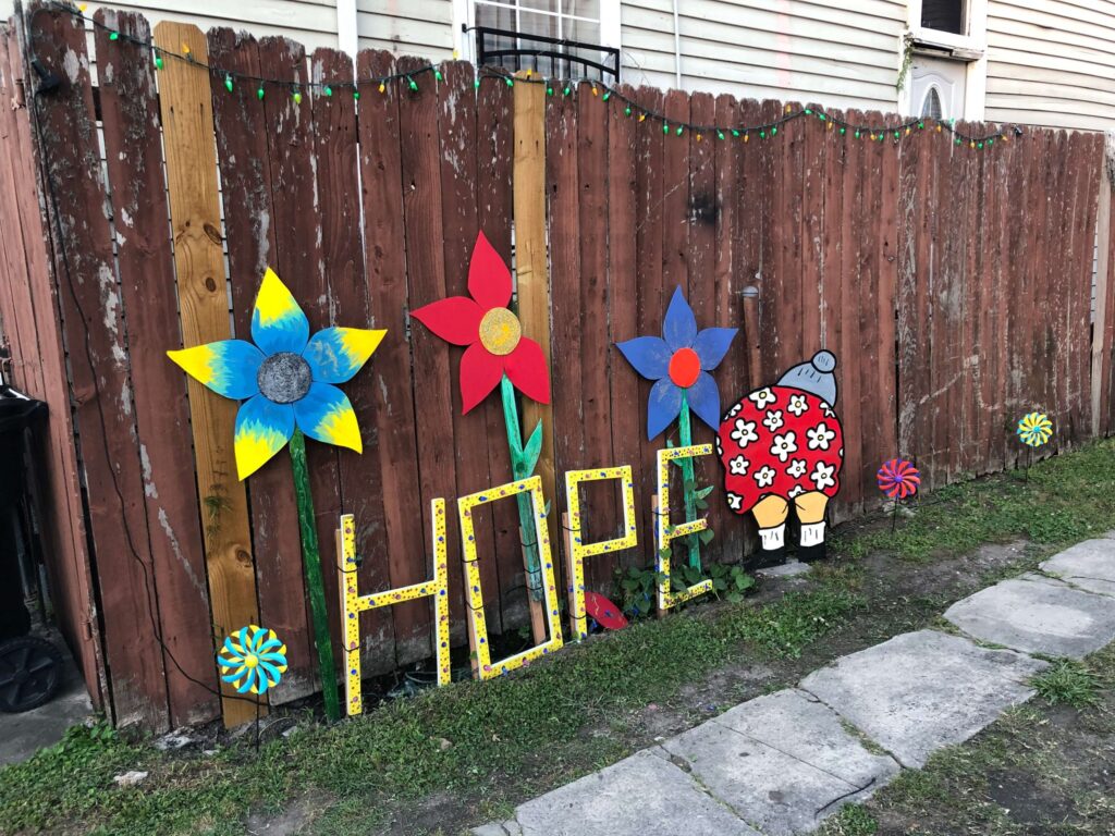 Front yard display of hope and flowers in New Orleans, Louisiana.