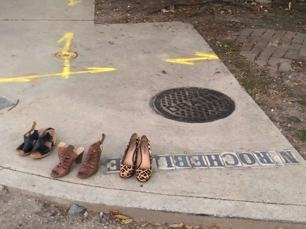 Three pairs of ladies' shoes on N. Rocheblave Street.