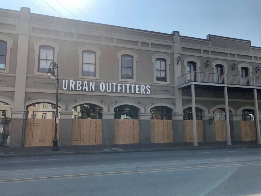 Boarded up Urban Outfitters in New Orleans in March 2020.